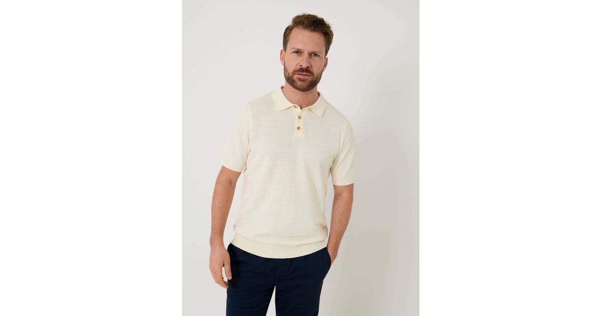 White Textured Knit Short Sleeve Polo Shirt