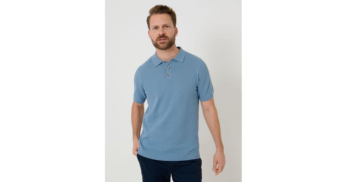 Blue Textured Knit Short Sleeve Polo Shirt