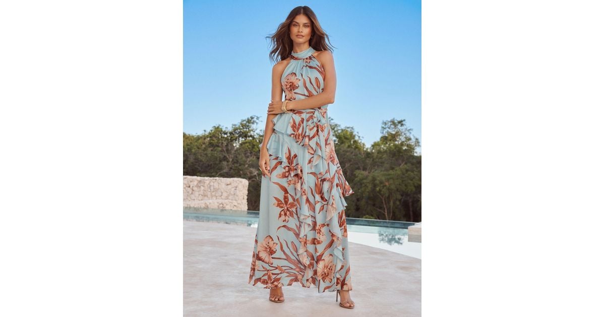 Lipsy Halter High Neck Floral Ruffle Trapeze Maxi Dress in Blue | Lyst