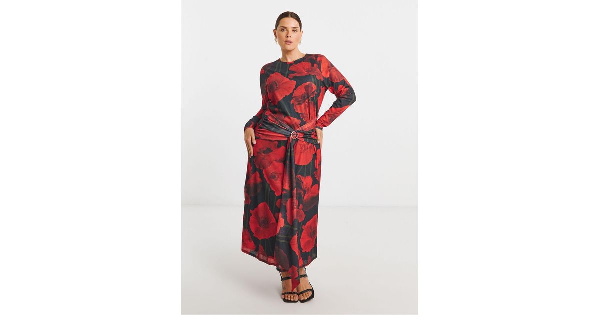 Simply Be Mesh Midi Dress With Buckle Detailing in Red | Lyst