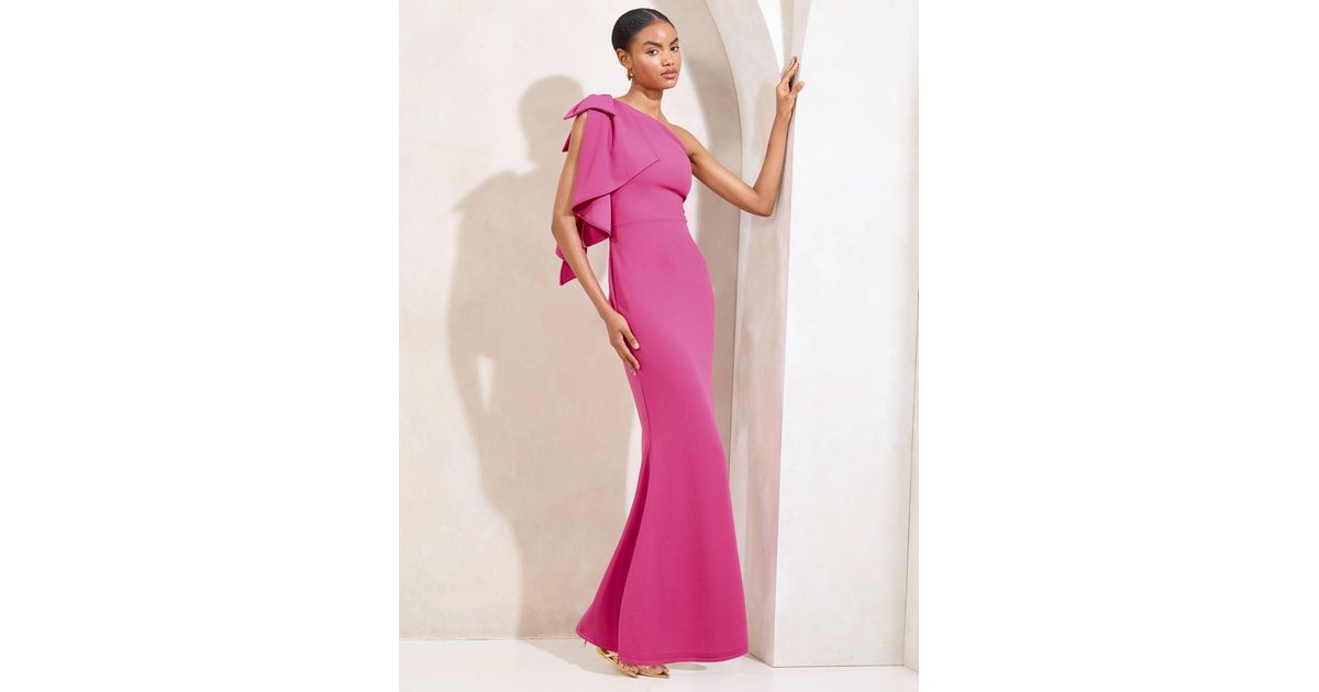 Lipsy One Shoulder Bow Maxi Dress in Pink | Lyst