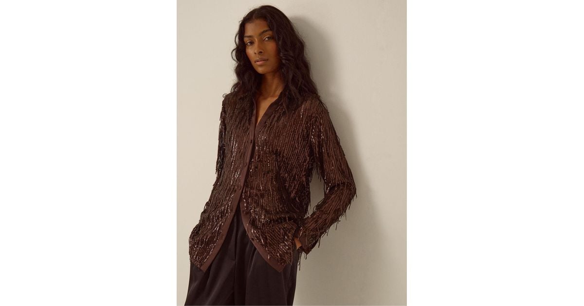 Satin Color Drips Monsoon Shelby Sequin Fringe Satin Shirt in Brown | Lyst