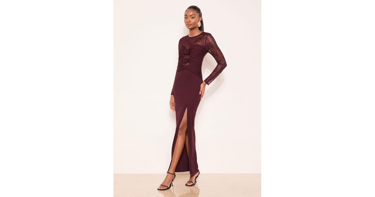 Lipsy Burgundy Lace Trim Ruched Maxi Dress in Red | Lyst