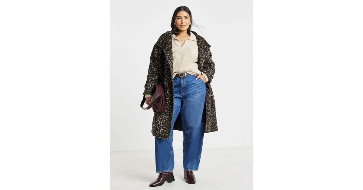Simply Be Funnel Neck Leopard Coat in Blue | Lyst
