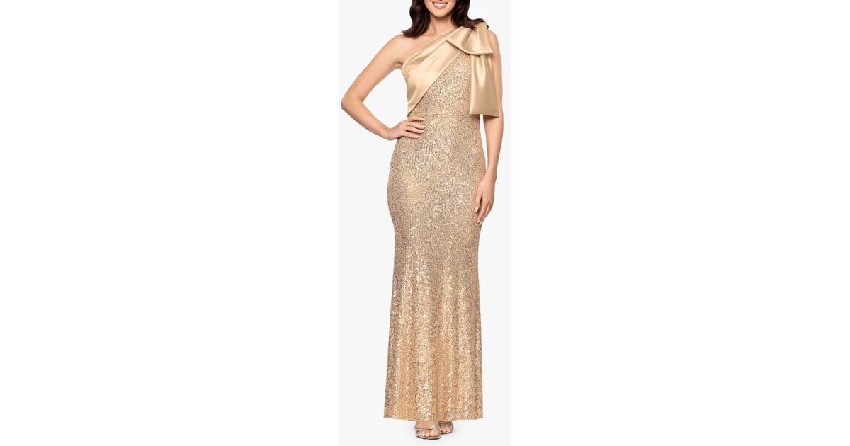 Betsy & Adam Sequin Bow One-Shoulder Column Gown in Natural | Lyst