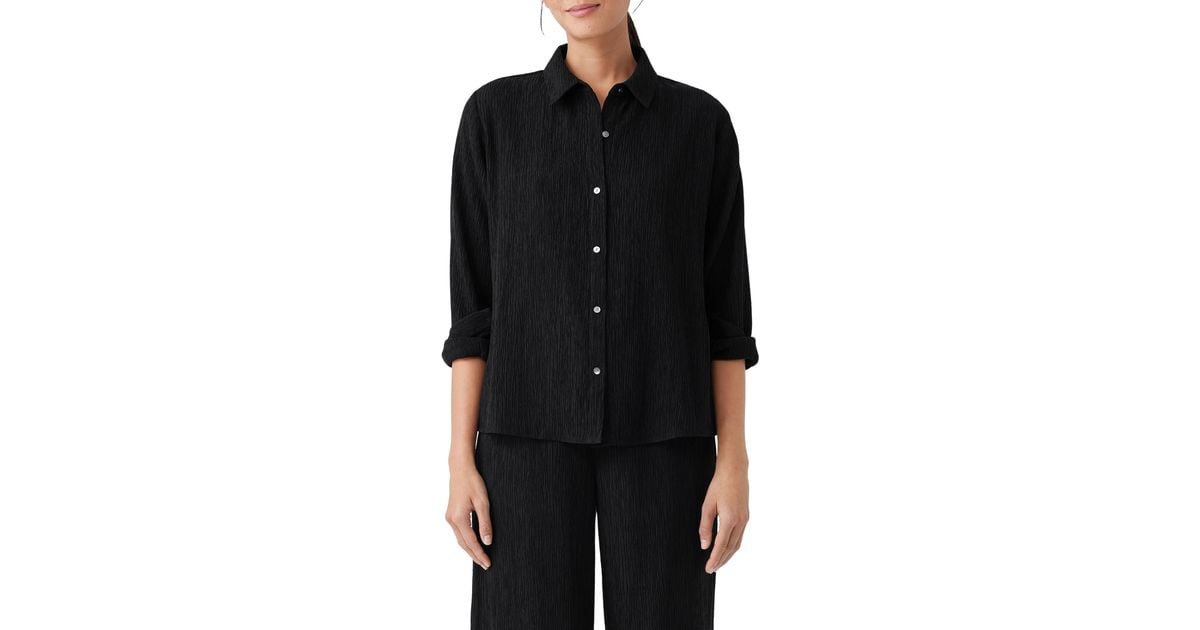 Eileen Fisher Classic Plissé Button-up Shirt in Black | Lyst