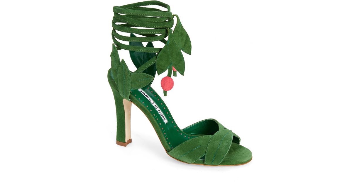 Manolo Blahnik Ossie 23 Ankle Wrap Sandal in Green | Lyst