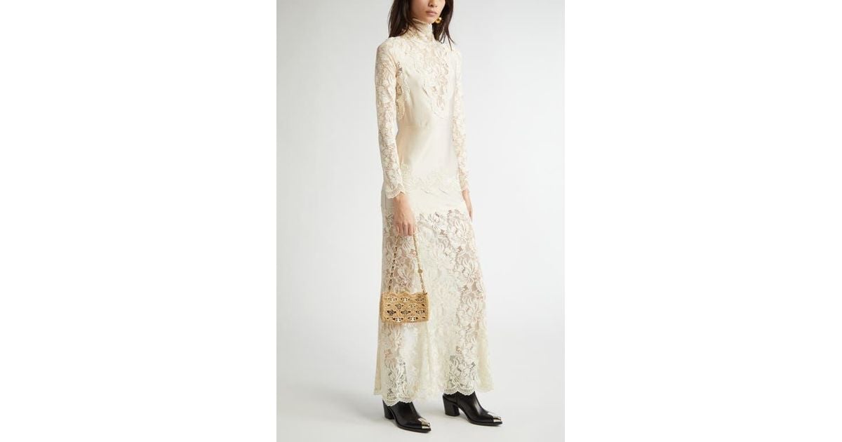 Rabanne Long Sleeve Lace & Jersey Dress in Natural | Lyst