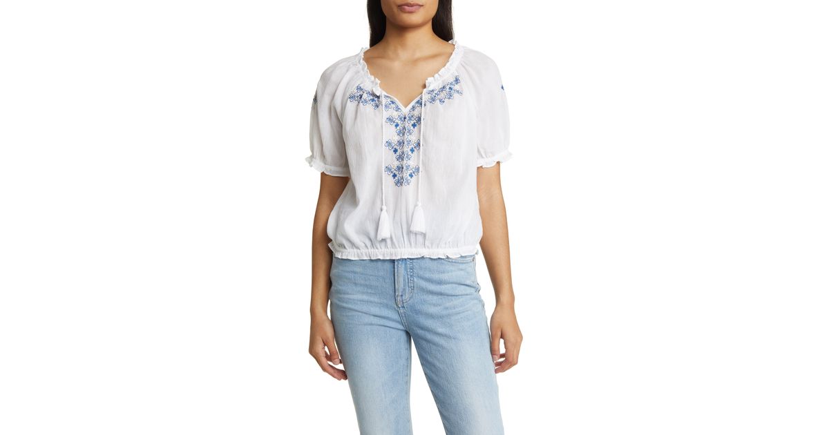 Lucky Brand Floral Embroidered Cotton Peasant Blouse in White | Lyst
