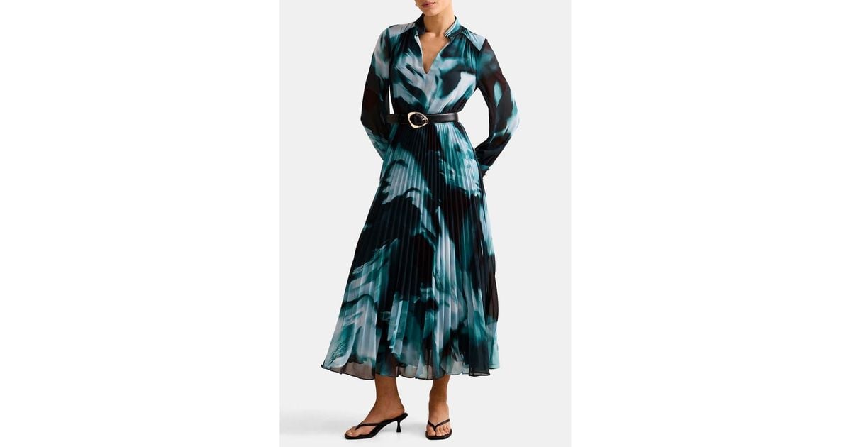 EVER NEW Skyla Abstract Print Long Sleeve Pleated Midi Dress in Green | Lyst