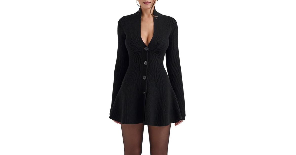 aubrey black wool knitted cardigan dress House Of Cb Blend Peplum in Clo | Low Back image-add-4/1/25 this cardigan features open Variant:Xsmall