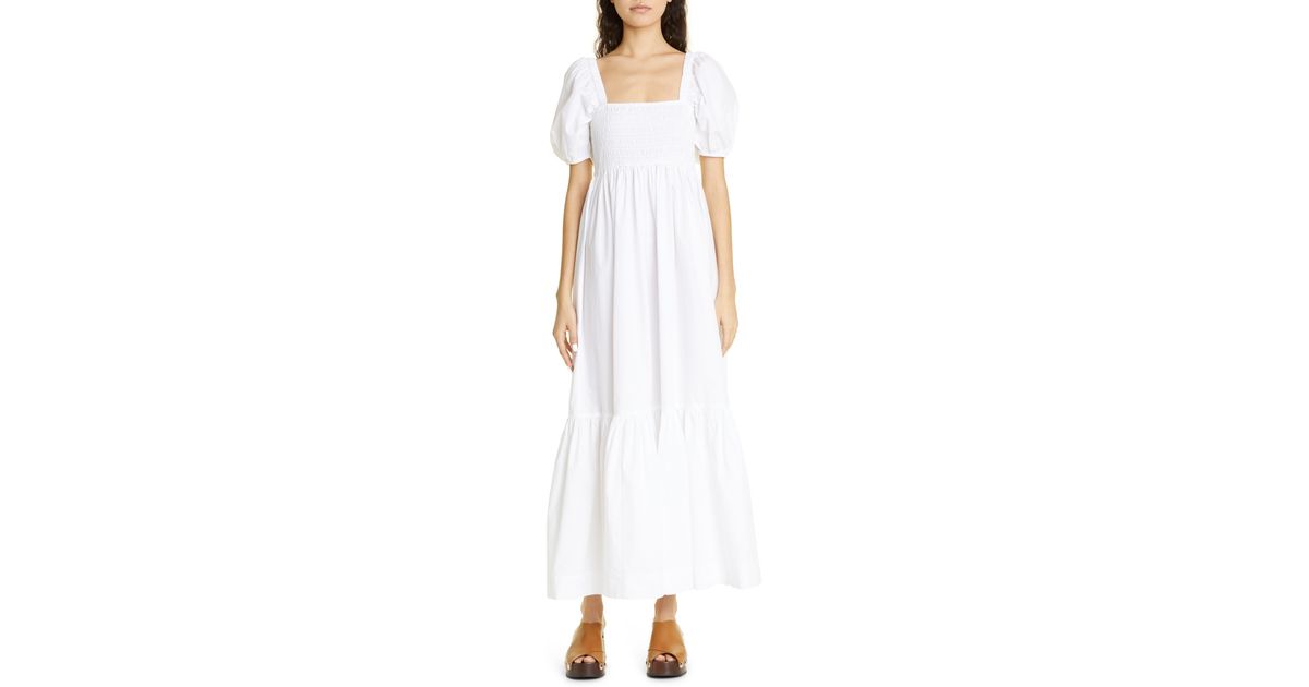 Ganni Smocked Organic Cotton Poplin Maxi Dress in White | Lyst