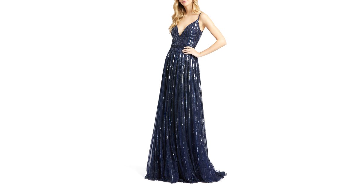 mac duggal blue sequin gown