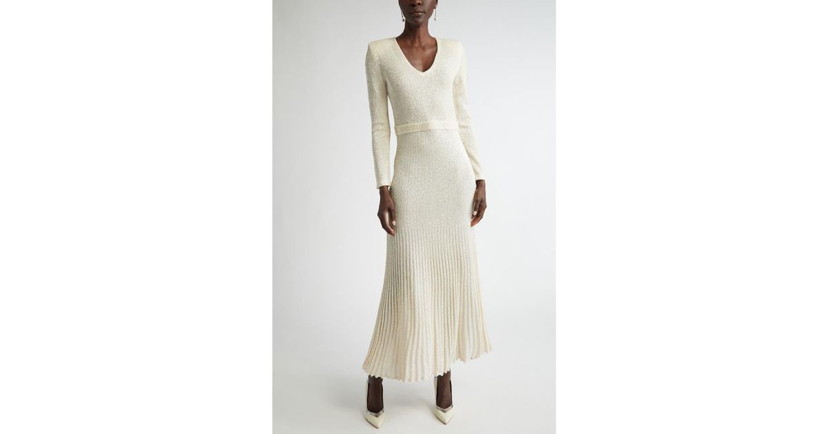 St. John Sequin Embroidered Long Sleeve Knit Dress in Natural | Lyst