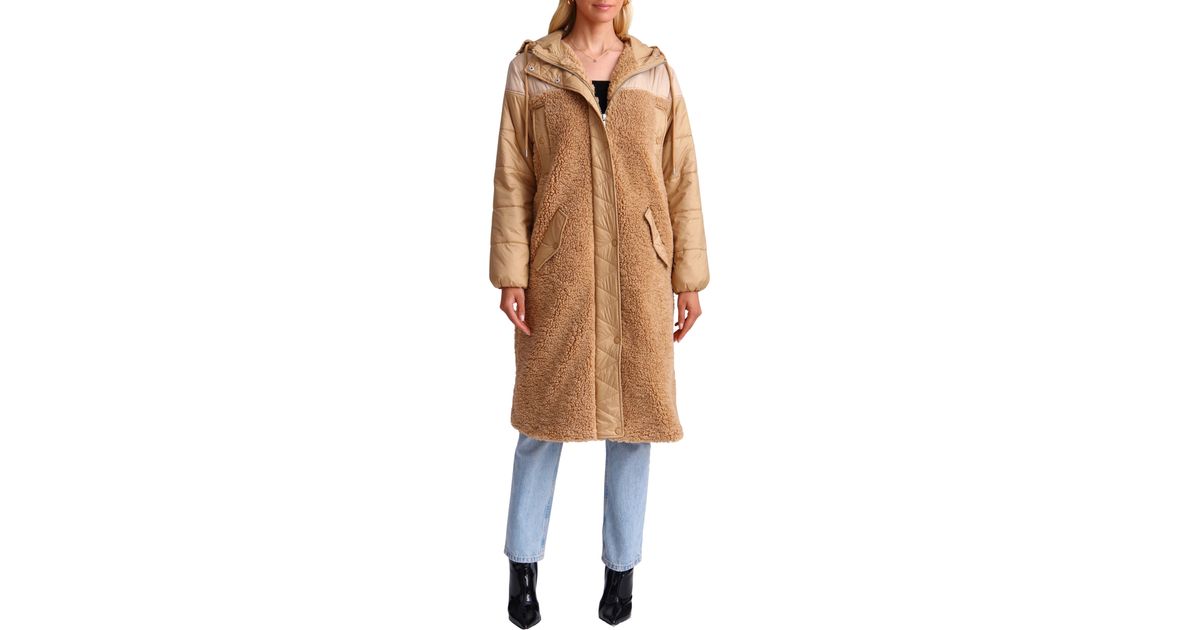 Avec Les Filles Mixed Media Faux Shearling Quilted Hooded Coat in