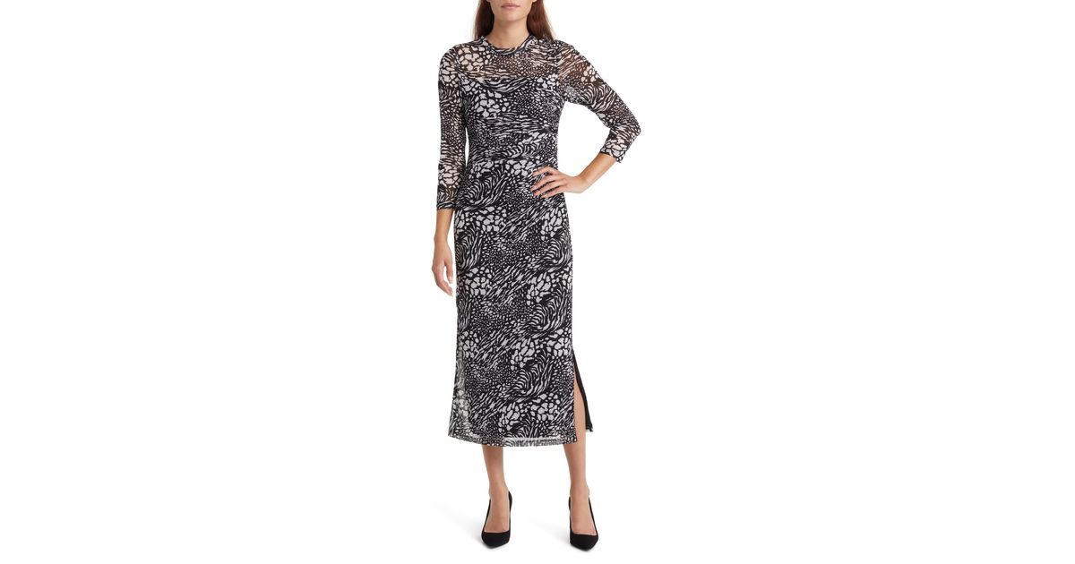 Anne Klein Print Side Ruched Mesh Body-con Dress | Lyst