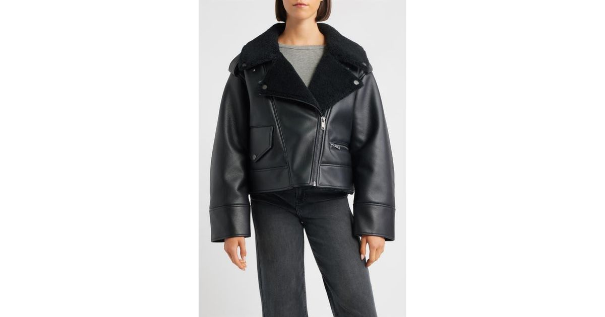 UGG Finnian Oversize Faux Leather & Luxefluff Moto Jacket in Black 