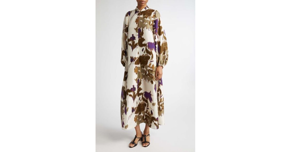 Max Mara Maesa Floral Long Sleeve Shantung Silk Maxi Dress