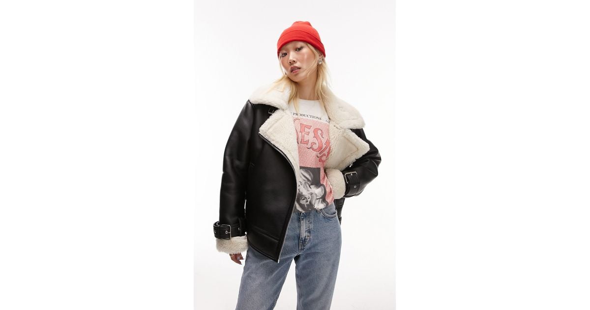 Oversize Faux Leather Aviator Jacket With Faux Shearling Trim