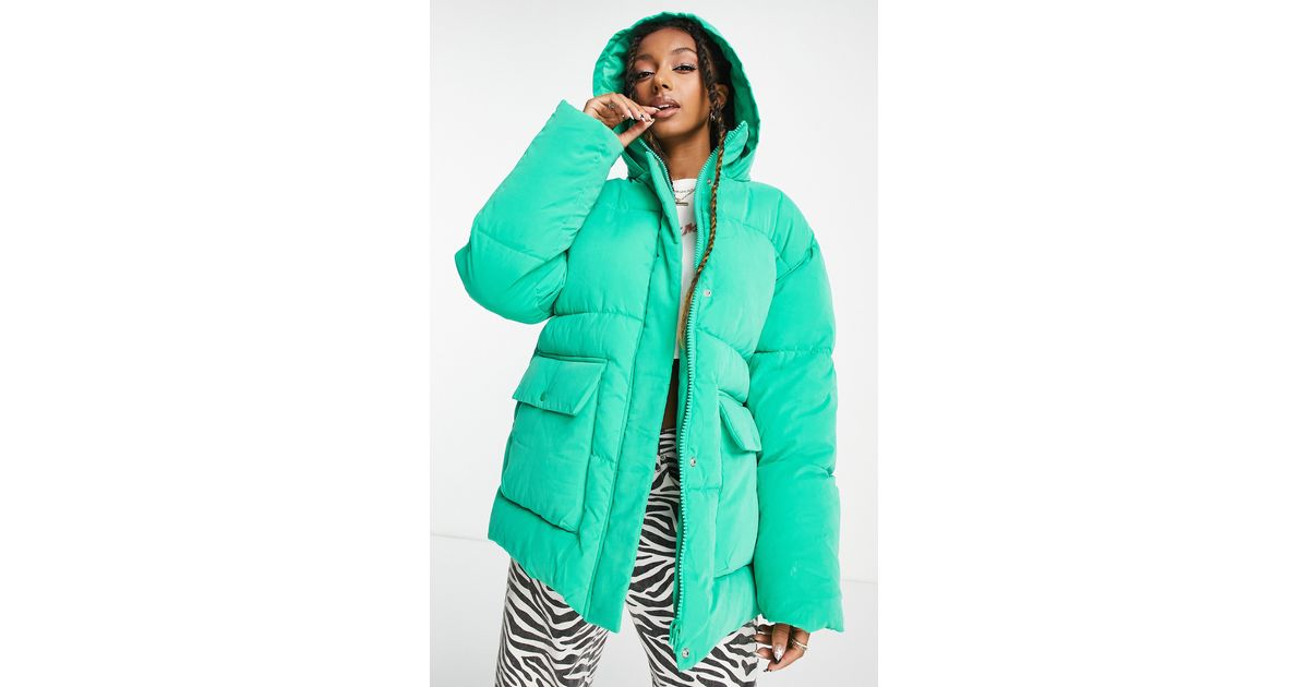 ASOS Peached Hooded Puffer Jacket in Green | Lyst