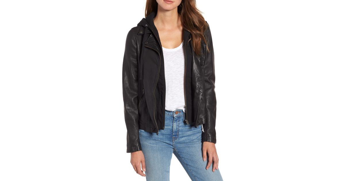 Caslon Caslon Leather Moto Jacket With Removable Hood in Black - Save 60% - Lyst