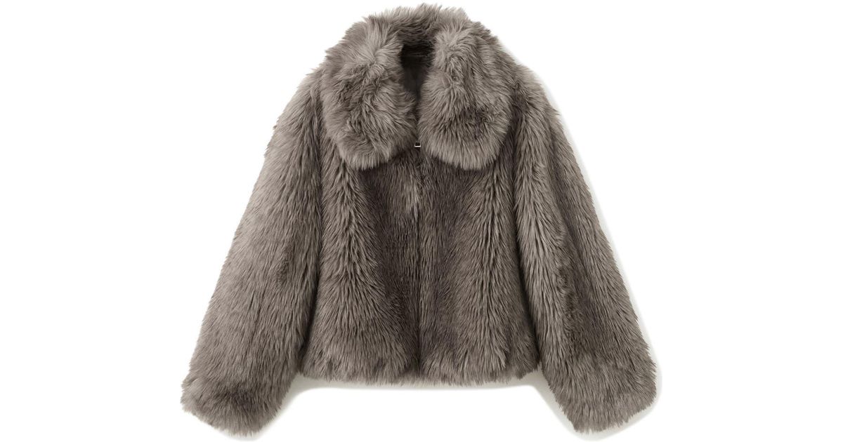 Mango Faux Fur Front Zip Jacket in Brown | Lyst