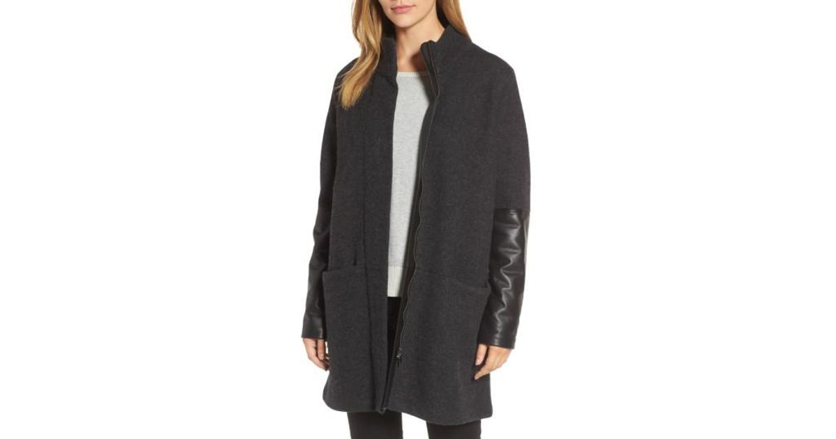 Eileen Fisher Black Leather Sleeve Wool Jacket
