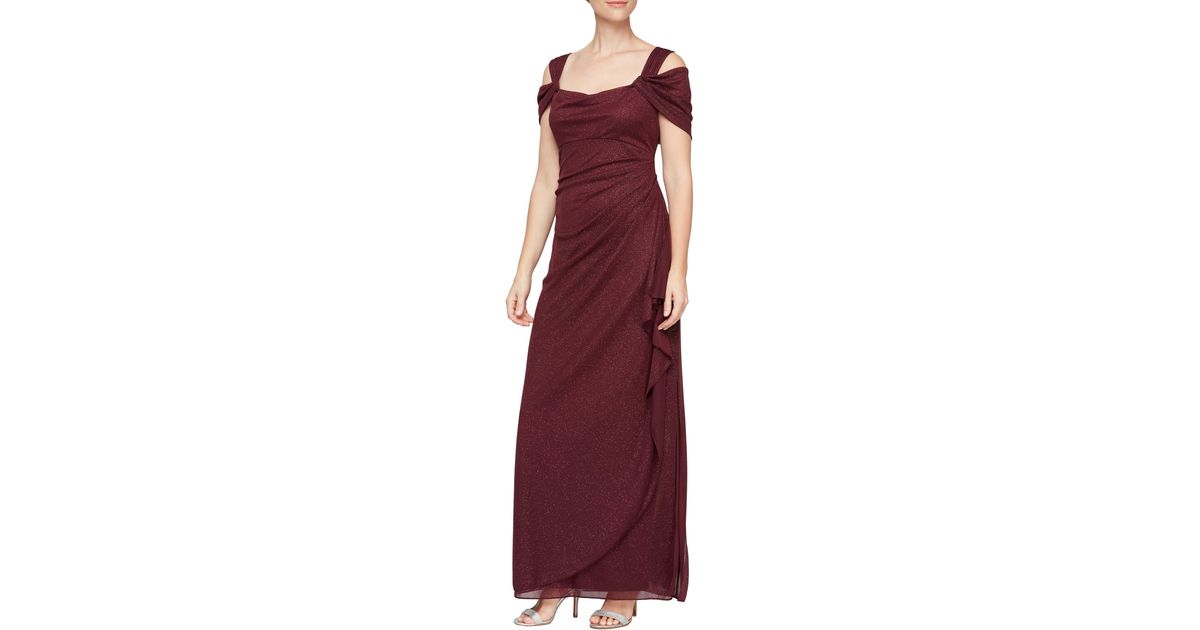 Alex Evenings Cold Shoulder Ruffle Glitter Chiffon Gown in Purple | Lyst