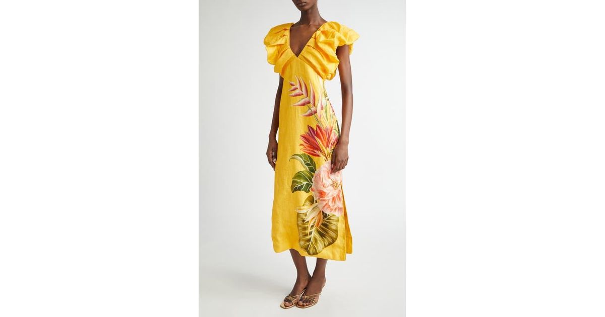FARM Rio Spring Awakening Placed Floral Linen Dress in Yellow | Lyst