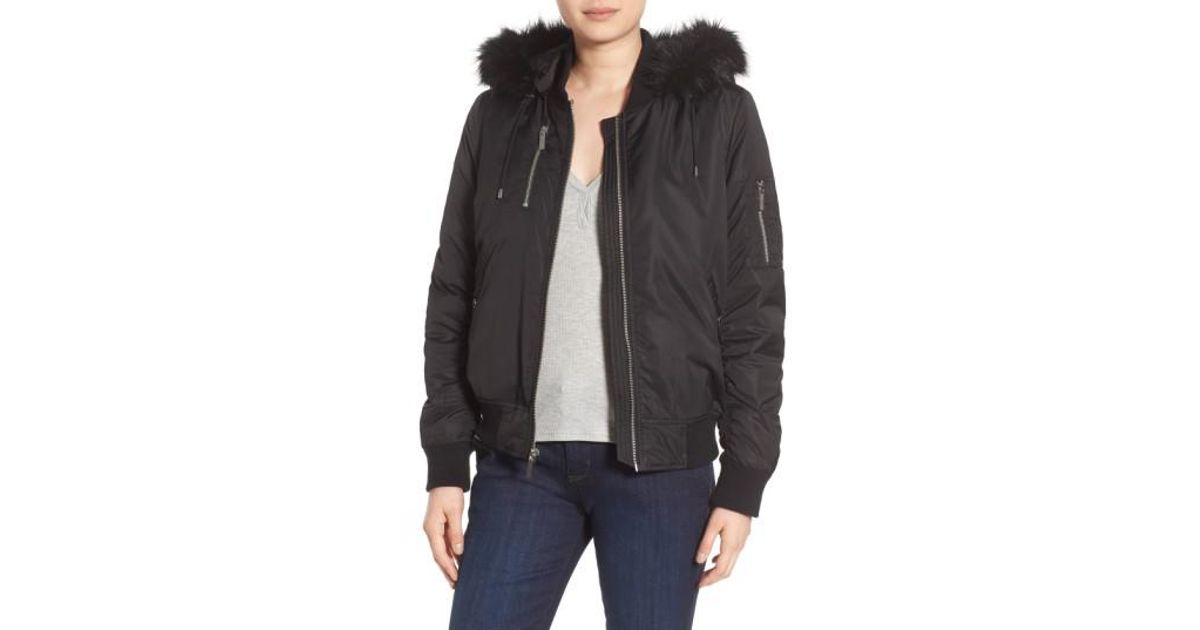 French Connection 'varsity' Hooded Bomber Jacket With Faux Fur Trim in