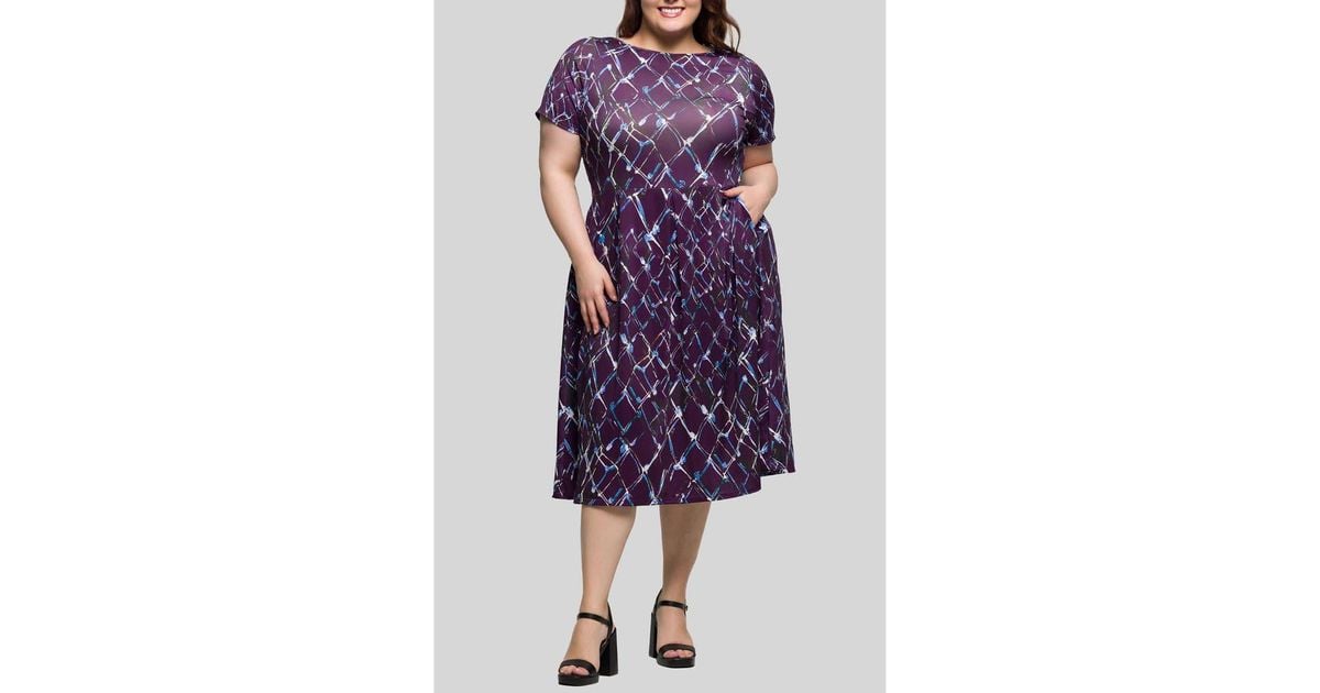 plus size short fit and flare dress Blue Ditsy Fit And Flare Dress Short Sleeve Shirred main image 0