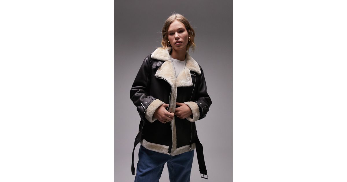 Aviator Oversize Faux Leather Jacket With Faux Fur Trim in Gray