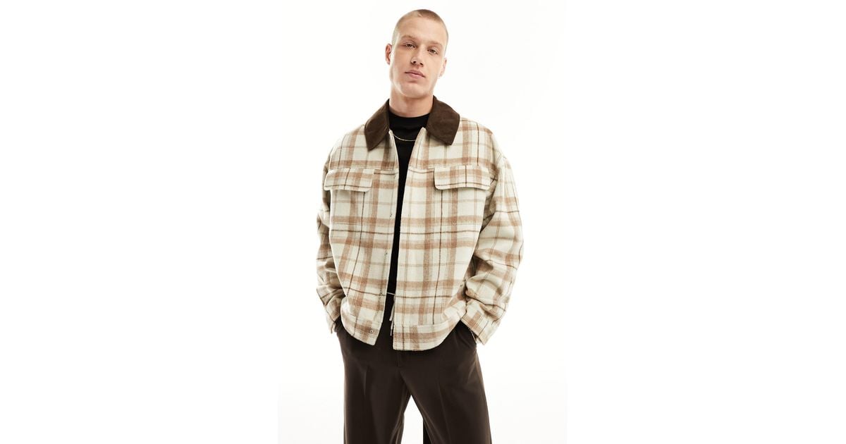ASOS Plaid Oversize Harrington Jacket in Natural for Men Lyst