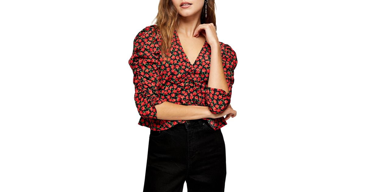 Rose Print Ruched Sleeve Blouse 