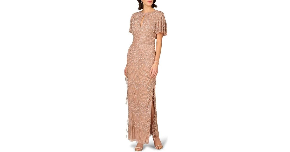 aidan mattox beaded fringe dress Aidan Mattox Beaded Fringe Flutter Sleeve Maxi Column Gown in Brown