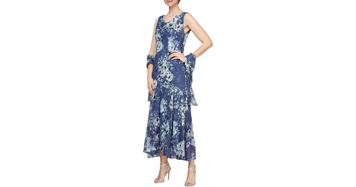 Alex Evenings Print Cowl Neck Maxi Dress With Shawl in Blue | Lyst