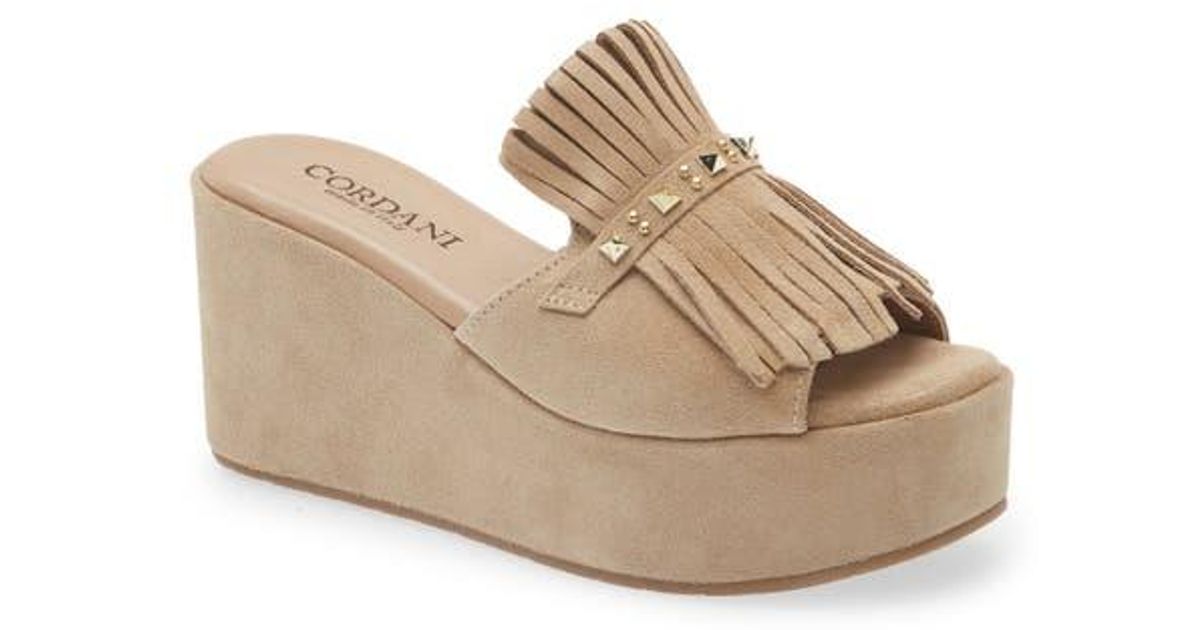 Cordani Jewel Studded Kiltie Platform Wedge Slide Sandal in Natural | Lyst