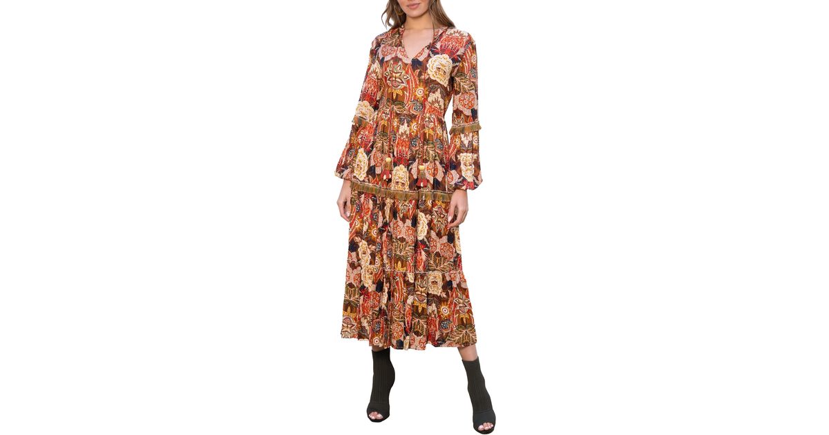 BAROK PARIS Floral Print Fringe Trim Long Sleeve Maxi Dress | Lyst
