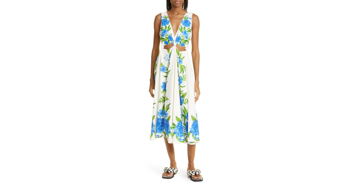 FARM Rio Floral Cutout Sleeveless Linen Blend Dress in Blue | Lyst