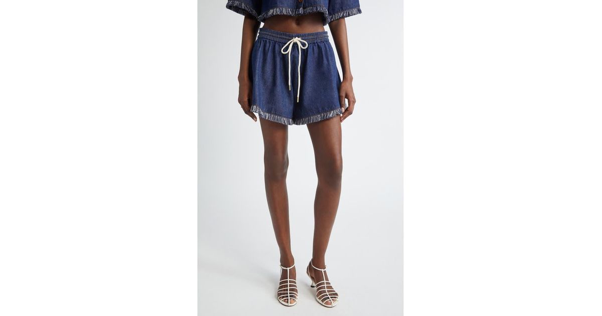 Zimmermann Rhiannon Drawstring Waist Fringe Hem Denim Shorts