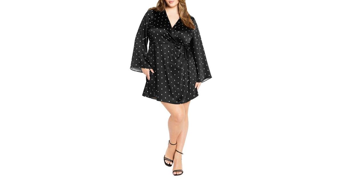 City Chic Amira Spot Long Sleeve Satin Wrap Minidress in Black | Lyst