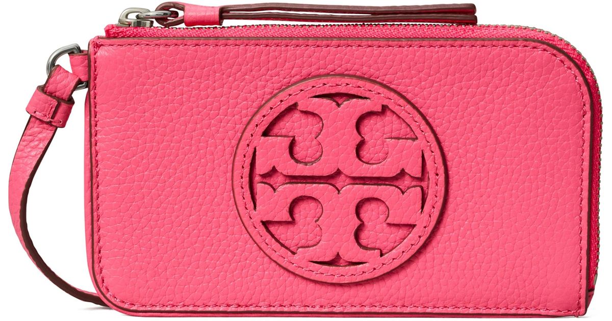 Tory Burch Miller Top Zip Leather Card Case in Pink | Lyst