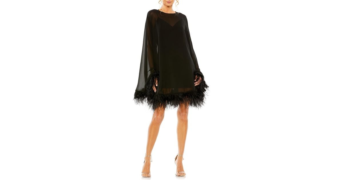 Mac Duggal Long Sleeve Feather Trim Trapeze Minidress in Black Lyst