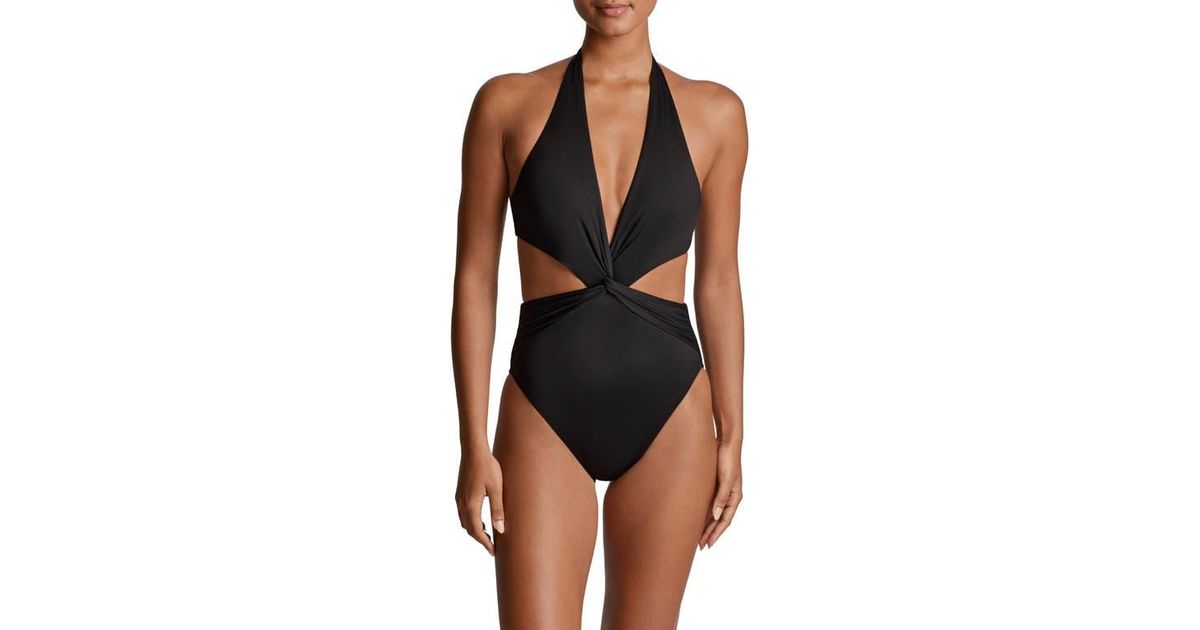 Ralph Lauren Cutout Twist One-Piece Halter Swimsuit in Black | Lyst