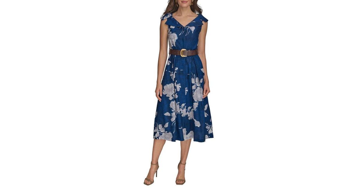 Donna Karan Floral Linen Blend Dress in Blue | Lyst