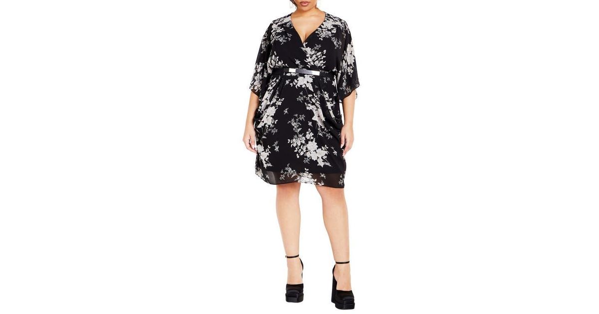 City Chic Bouquet Flutter Sleeve Faux Wrap Dress in Black | Lyst