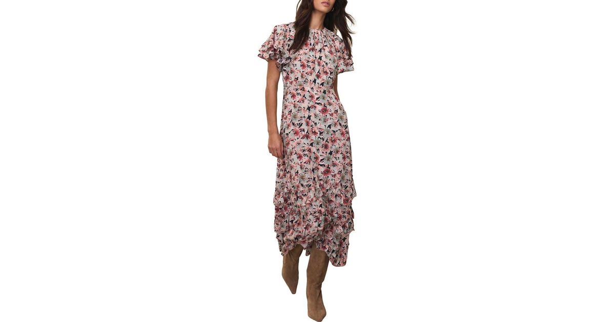 Mint Velvet Floral Print Maxi Dress With Short Ruffle Sleeves in Red | Lyst