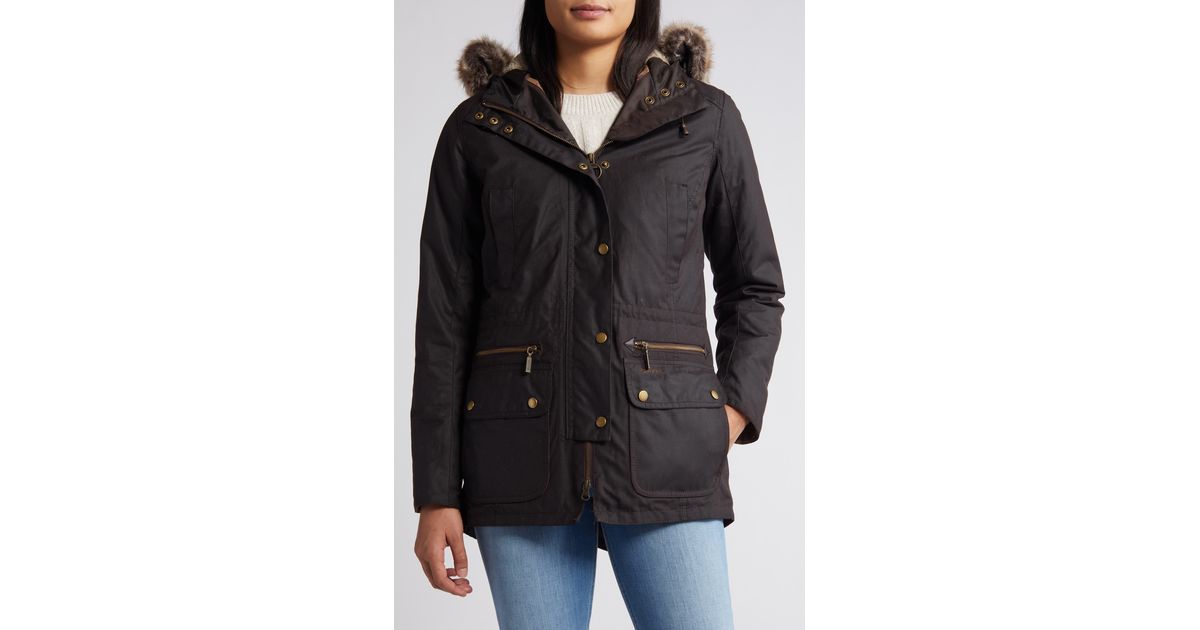 Barbour Kelsall Faux Fur & Faux Shearling Trim Waxed Cotton Parka in
