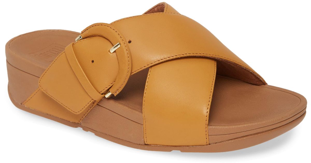 Fitflop Lulu Buckle Slide Sandal in Mustard Leather (Black) - Lyst