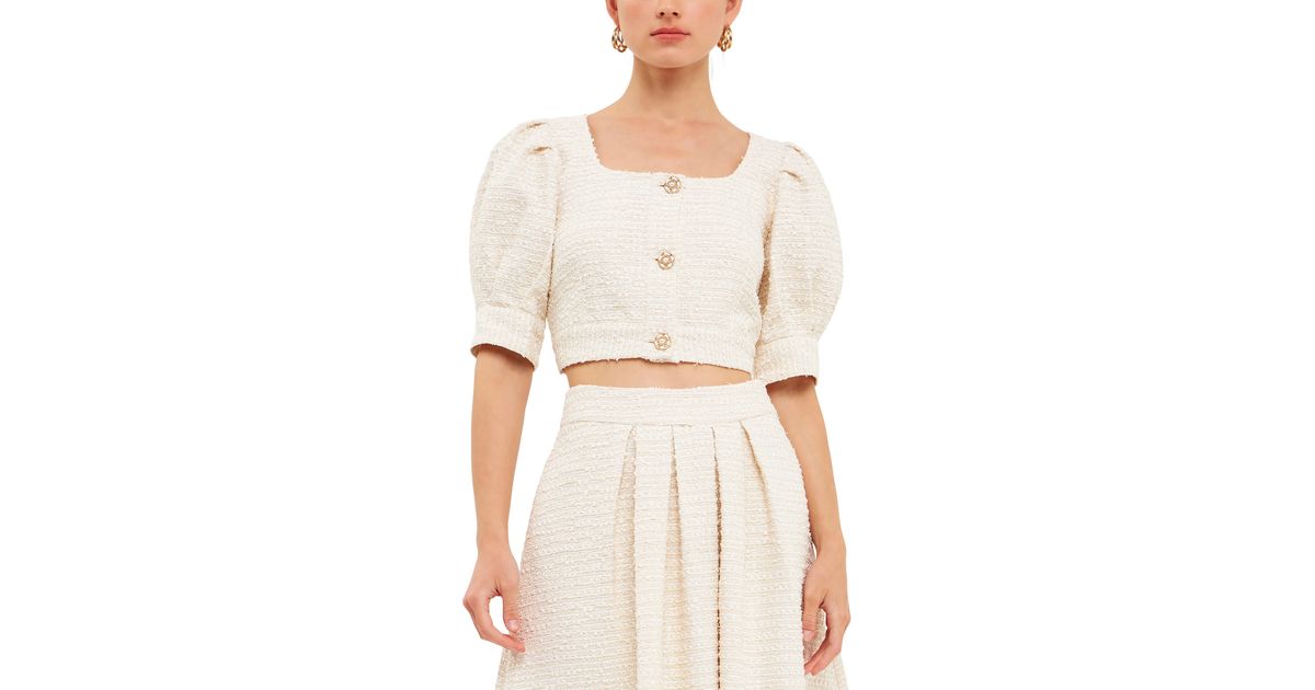 Endless Rose Premium Puff Sleeve Tweed Crop Top in White | Lyst